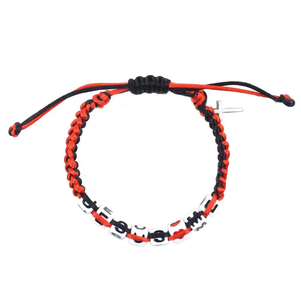 Jesus Love Me Plastic Beads Catholic Religious Cross Cording Bracelets Adjustable Hand Woven Bracelet