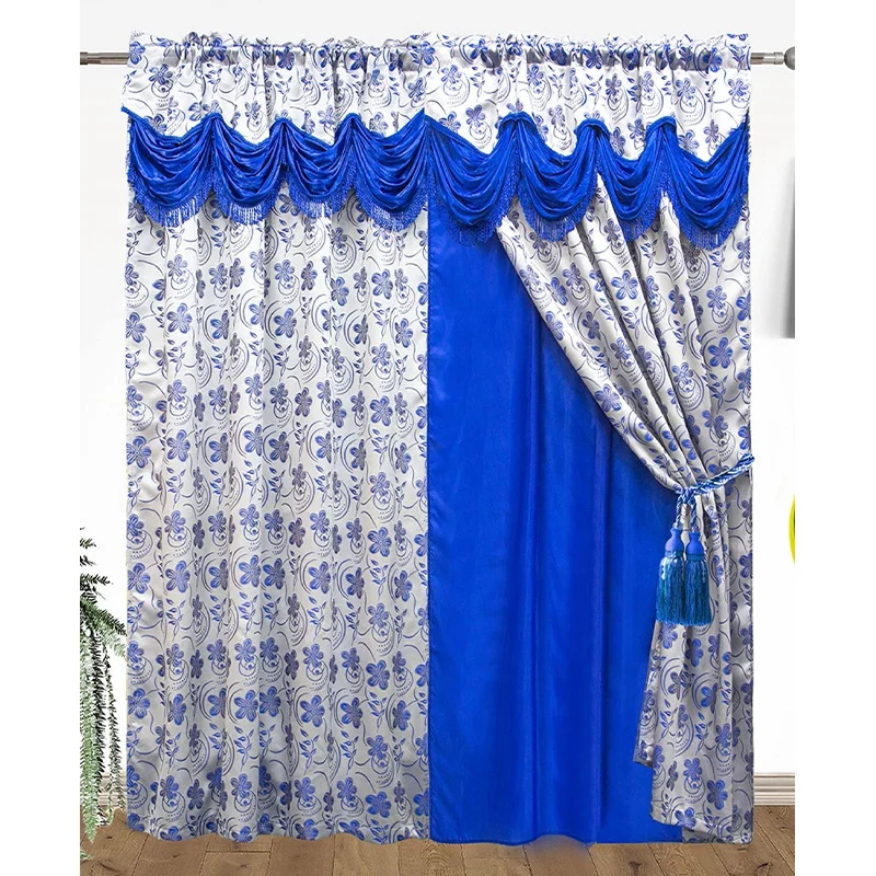 Multi-color luxury design jacquard window curtain panel with attached waterfall valance taffeta backing included for home