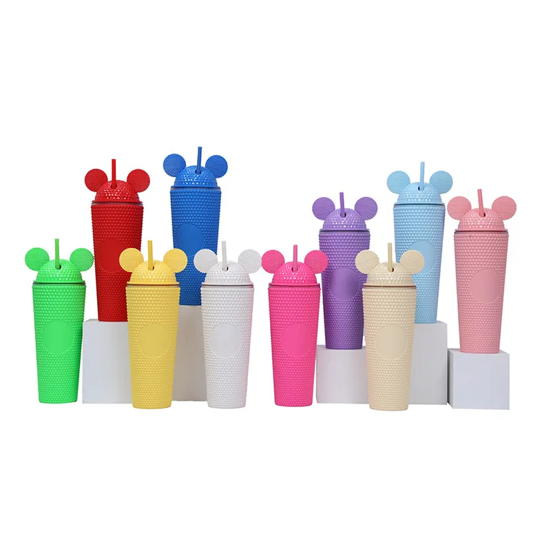 2024 New Solid Color 24oz Double Wall Plastic Acrylic Mickeye Mouse Tumbler Cup With Ears Lid And Straw