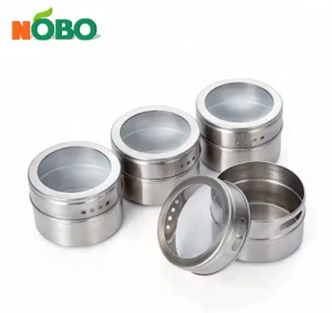Round Seasonings Storage Containers with Shaker Clear Top Lid Stainless Steel Magnetic Spice Jar