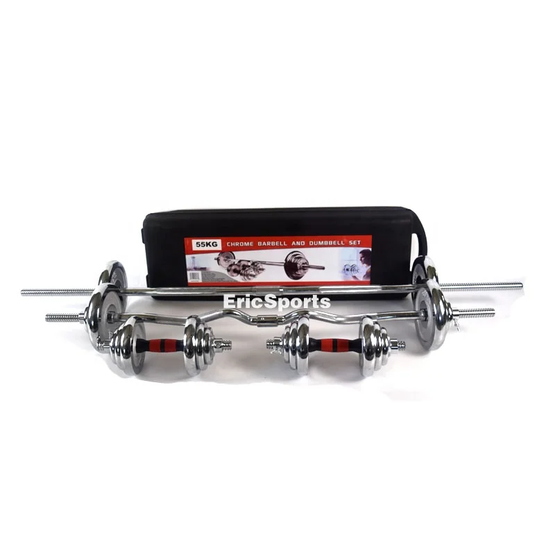 Free  Wholesales Customs logo Adjustable 50kg 55kg Weight Lifting Chrome Gym Dumbbell   Barbell Set With plastic Box