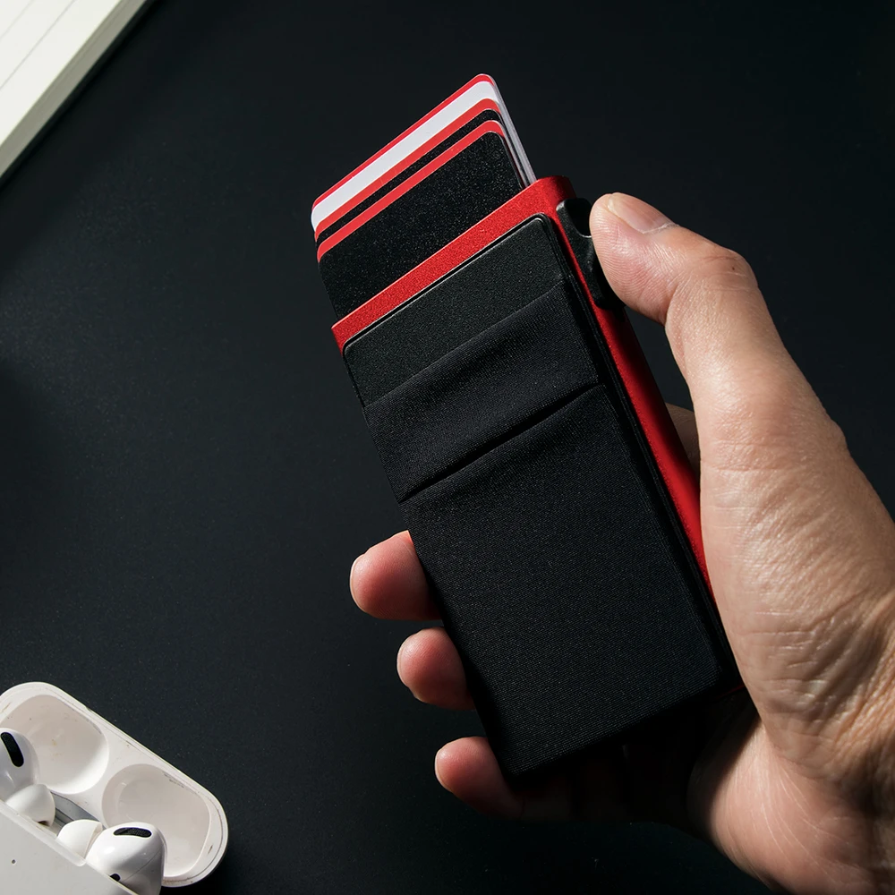 Customize Logo Fashion Pop-up Push Button Business Card Holder RFID Blocking Slim Metal Card Holder Box Wallet with Front Pocket