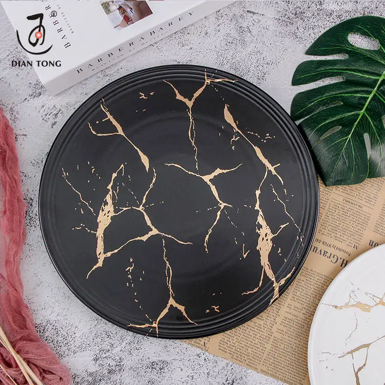 10/12 inch Black/White marble ceramic round flat plate color glazed marble round dinner porcelain plate