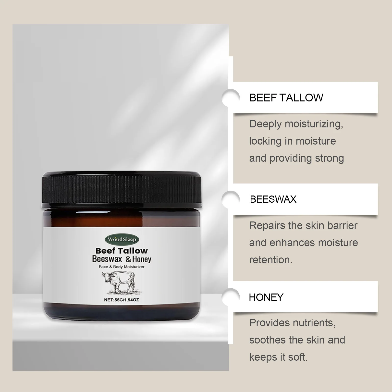 OEM 55G Face & Body Moisturizer Beef Tallow Bee wax & Honey Cream For Brightening And Tightening Skin