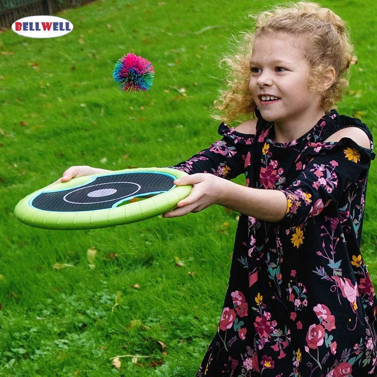 Bellwell Portable Mini Hand Trampoline Paddle Ball and Flying Disc Set