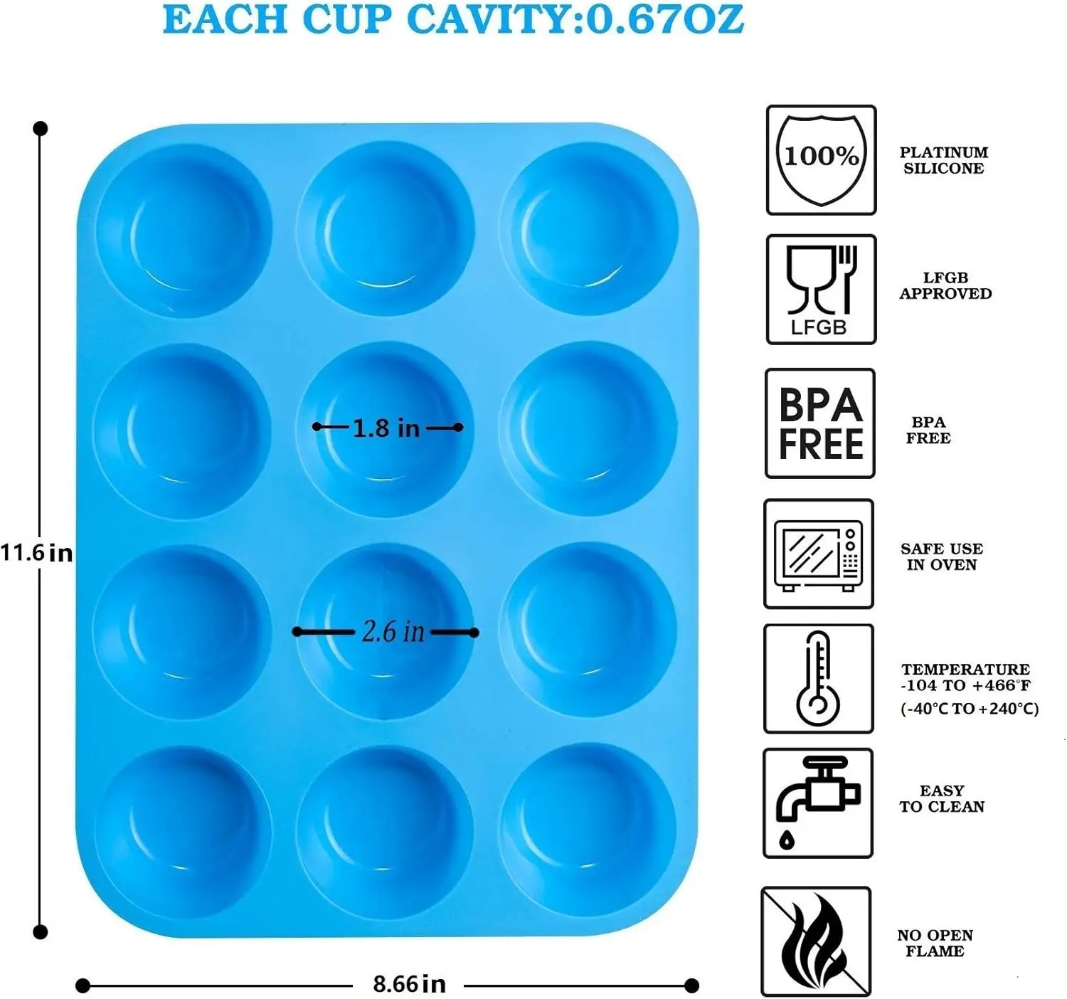 12 Cups Silicone Muffin Pan - Nonstick Cupcake Pan 1 Pack Regular Size Silicone Mold for Baking