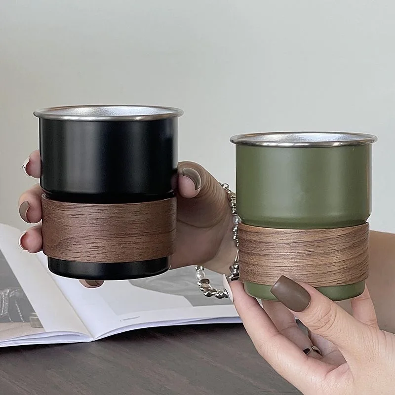 Custom logo Mini Stackable Coffee Tea Cups Drinking Single Wall Wine Beer Mug with Wood Holder Straw Lid Wooden Cup Sleeve Water