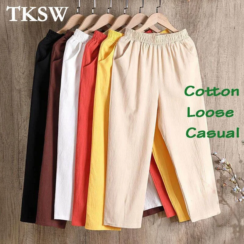 Women Plus Size Pants Ankle Length Solid Color Comfortable Cotton Linen Casual Pants Straight Leg Trousers Womens Trousers