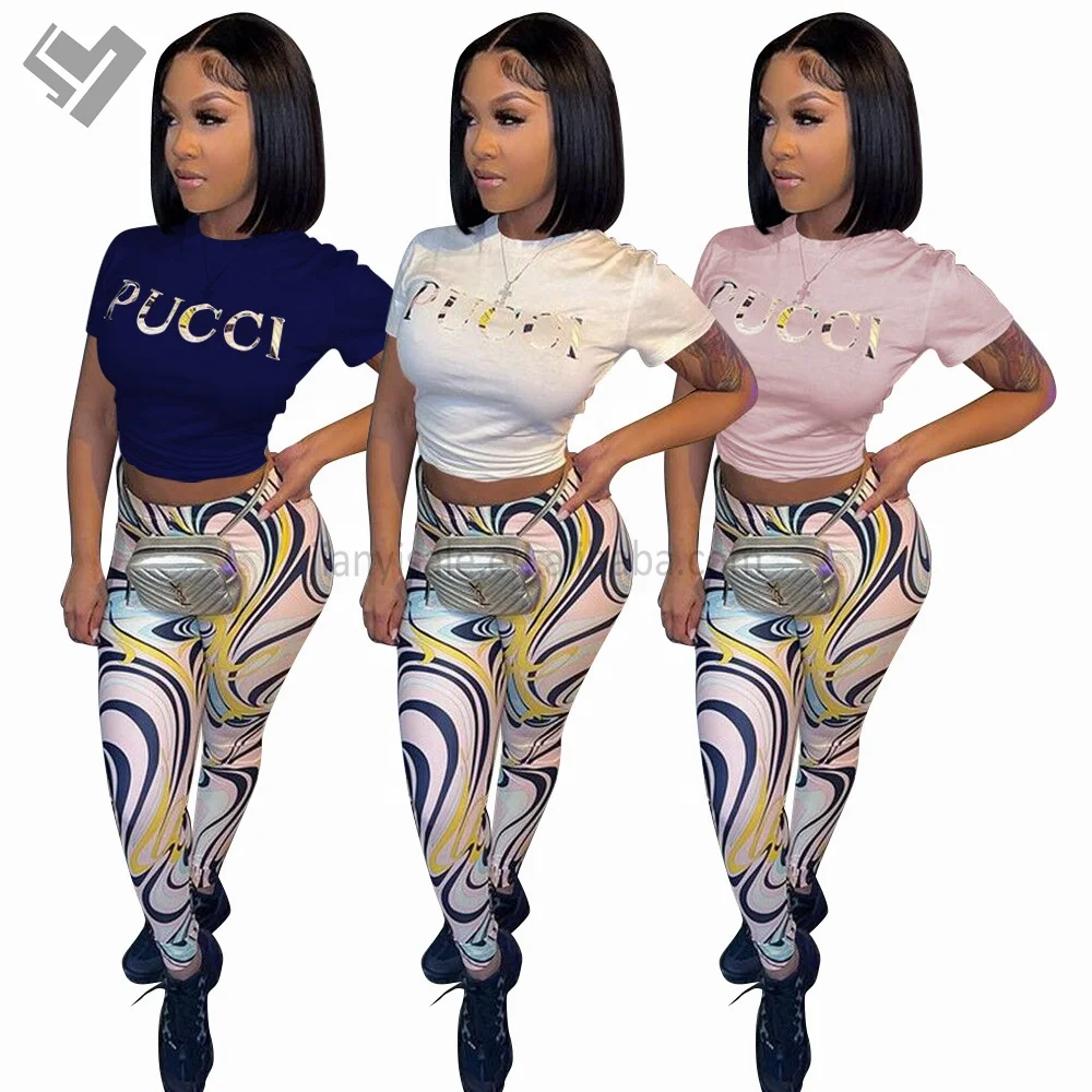 Women luxury clothing 2023 design printing slim fits short sleeve pants trousers two piece set summer leisure 2 piece pants set