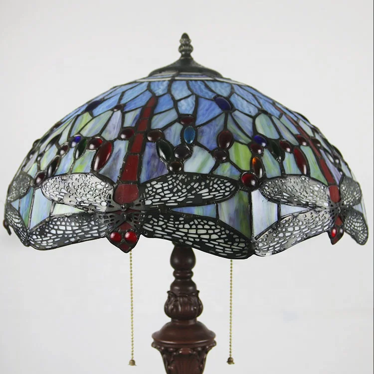 LongHuiJing 16Inch Antique Tiffany Floor Lamp Dragonfly Vintage Standing lights Stained Glass Lamp Shades Lamps