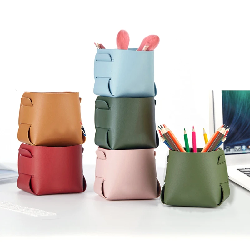 p015 Colorful PU Leather Office Tray Box Desktop Make Up Tray For Cosmetic Flower Storage Basket Organizer