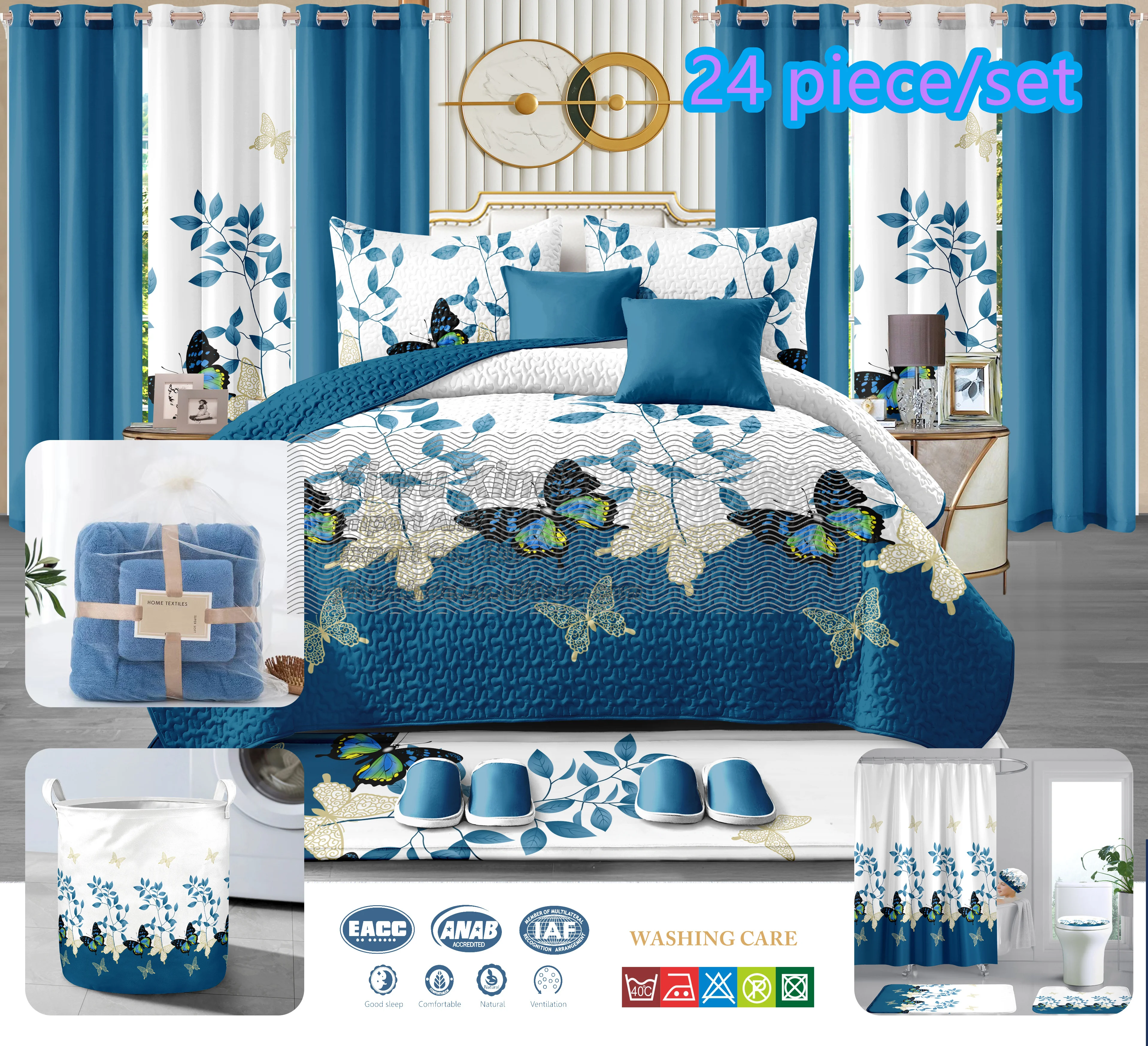 Ready to ship 24pcs bedspread set with matching curtains bathroom sets luxury quilted sheet king size 100% polyester coverlet