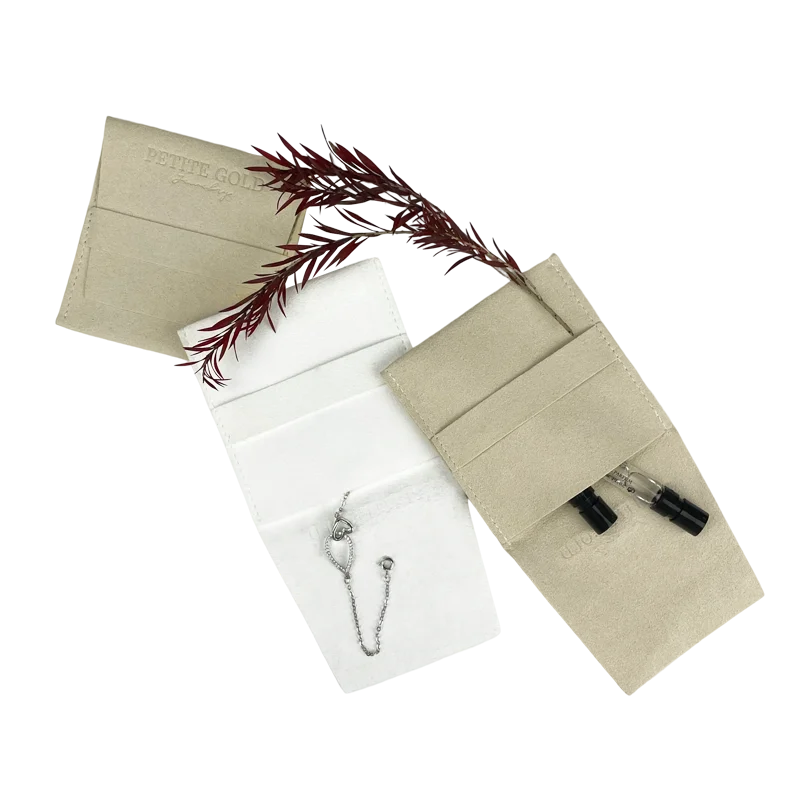 OEM Logo Color Deboss Print Elegant Design Ribbon Flap Suede Microfiber Packaging Bag Jewelry Pouch