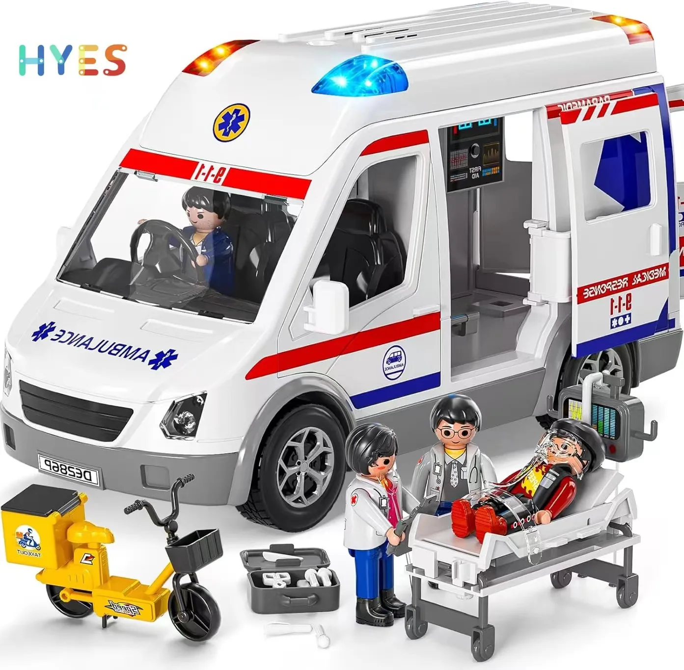 Huiye Ambulance Friction Powered Truck Simulation Play House Toys With Lights Sounds Fun Indoor Pretend Doctor Car Toys For Kids