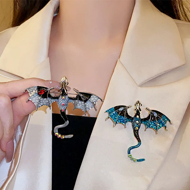 Vintage Enamel Dragon Brooches For Men Women Rhinestone Flying Dragon Clothes Suit Party Office Brooch Pins Jewelry Gifts