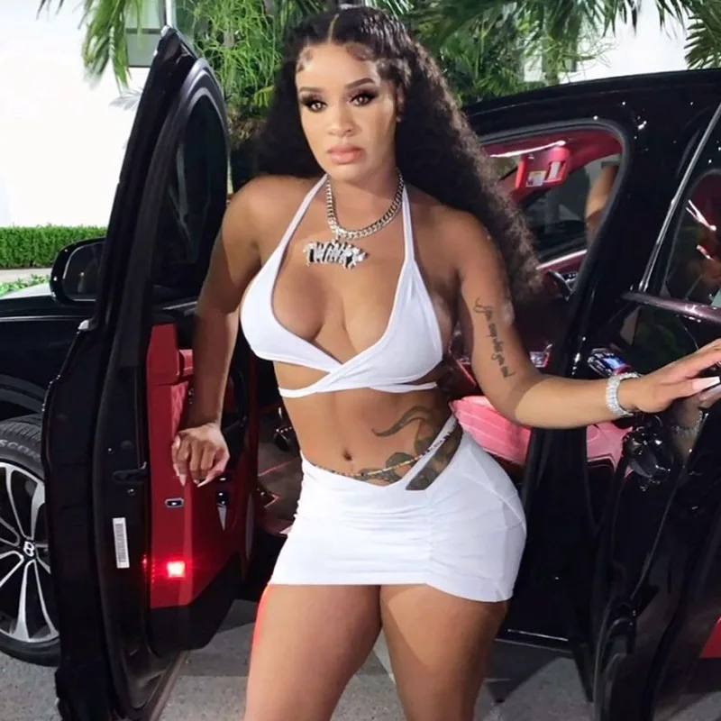 
2021 Fashion Summer Womens Outfits Clothing Nightclub Party Sexy Halter Skinny Mini Dress Backless Cross Two Piece Skirt Set 