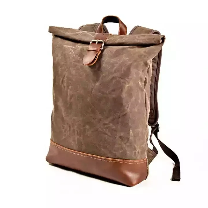 Travel leather roll top Backpack Bags Waterproof Waxed Canvas Crazy Horse Leather College Other Laptop Backpacks for Men