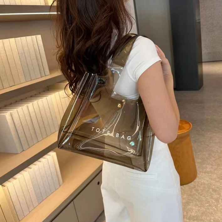 Custom logo small jelly white color transparent PVC waterproof shoulder tote bag with snap button