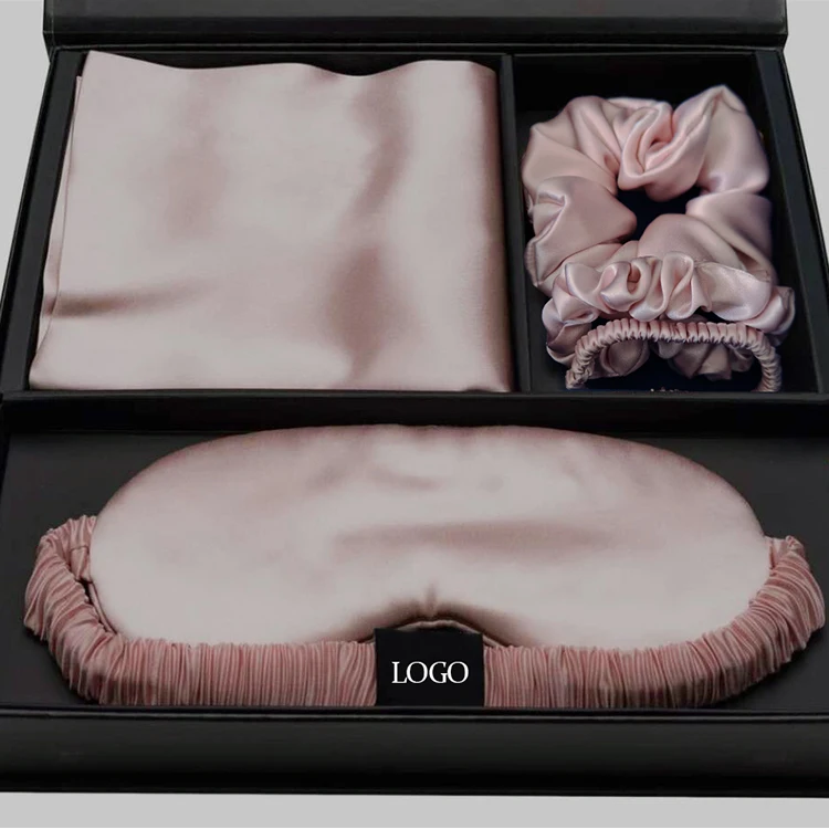 Custom logo pure silk pillowcase scrunchie with box hair tie 100% mulberry silk sleep eye mask and pillow case set