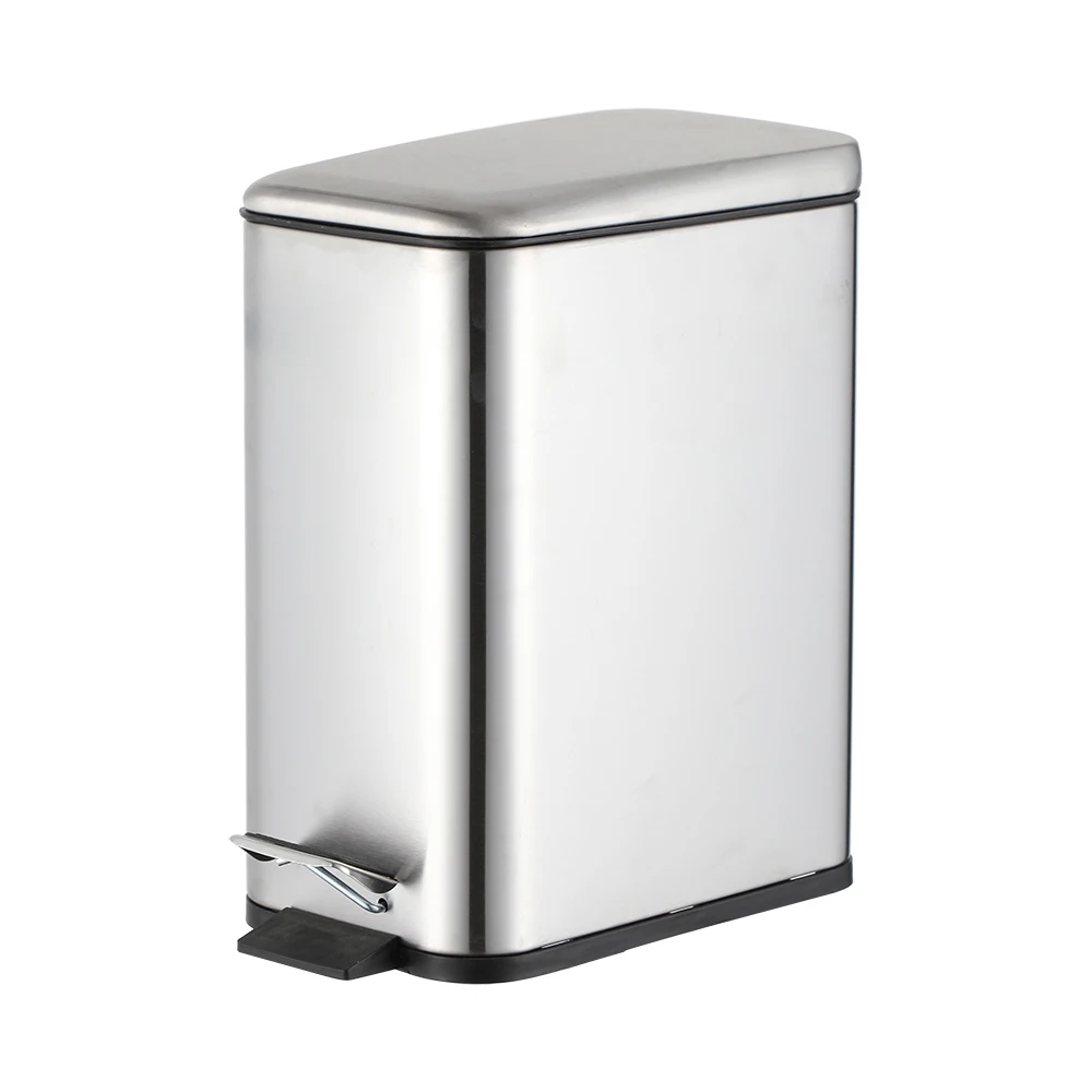 high quality modern design stainless steel 5L silver soft close slim lid square foot pedal trash can