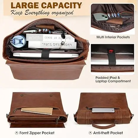 Custom Durable Waterproof Vintage Laptop Briefcase Large Shoulder Crossbody Bag Leather Messenger Bag for Office Business Travel