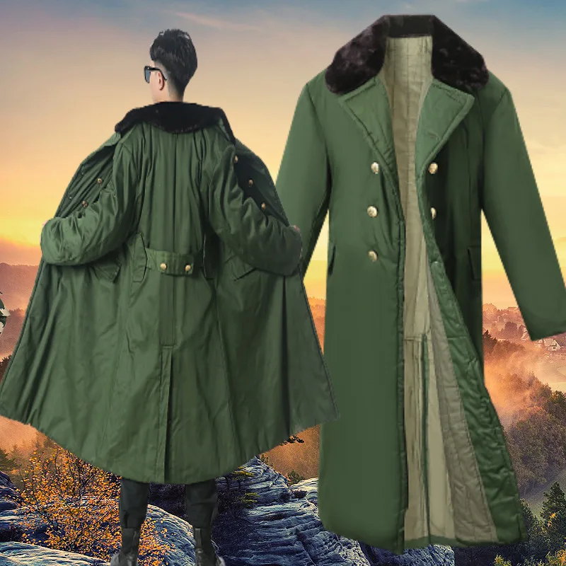 Hot Outdoor Long Coats Jacket Chinese Classic Army Green Overcoat Mens Winter Warm Fur Collar Trench Coat Overgarment