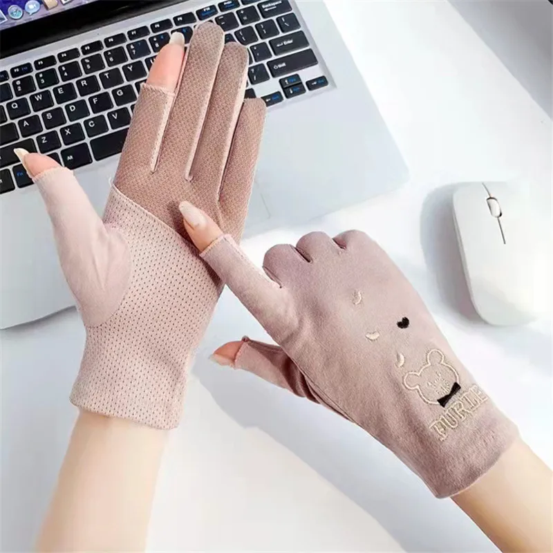 Summer Driving Gloves Women Touch Screen Open Finger Fingerless Cotton UV Sun Against Non Slip Dots Bicycle Car Mittens Glove