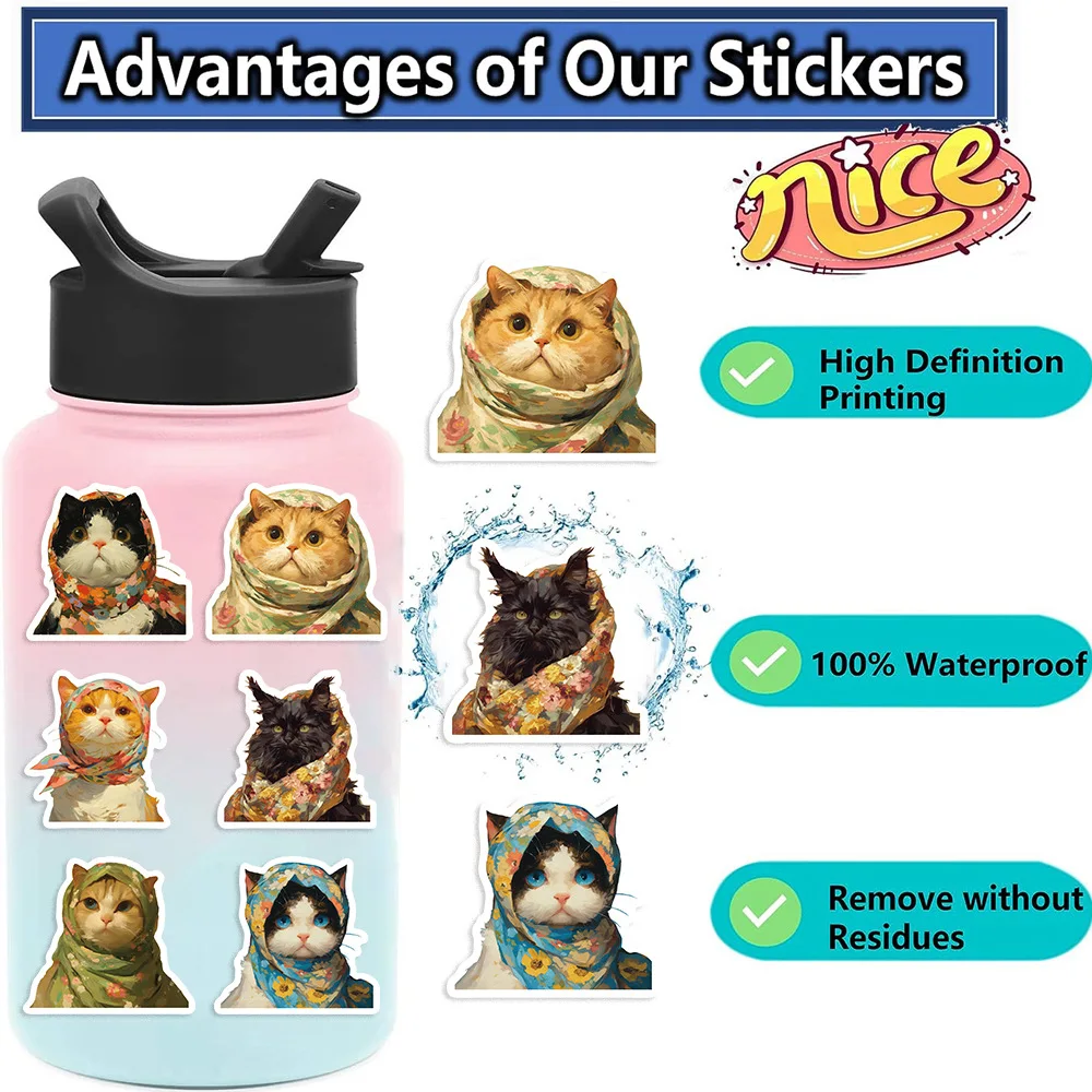 50Pcs Art Painting Cat with Head Scarf Graffiti Stickers For Bottle Laptop Decor Oil Painting Kitty Sticker