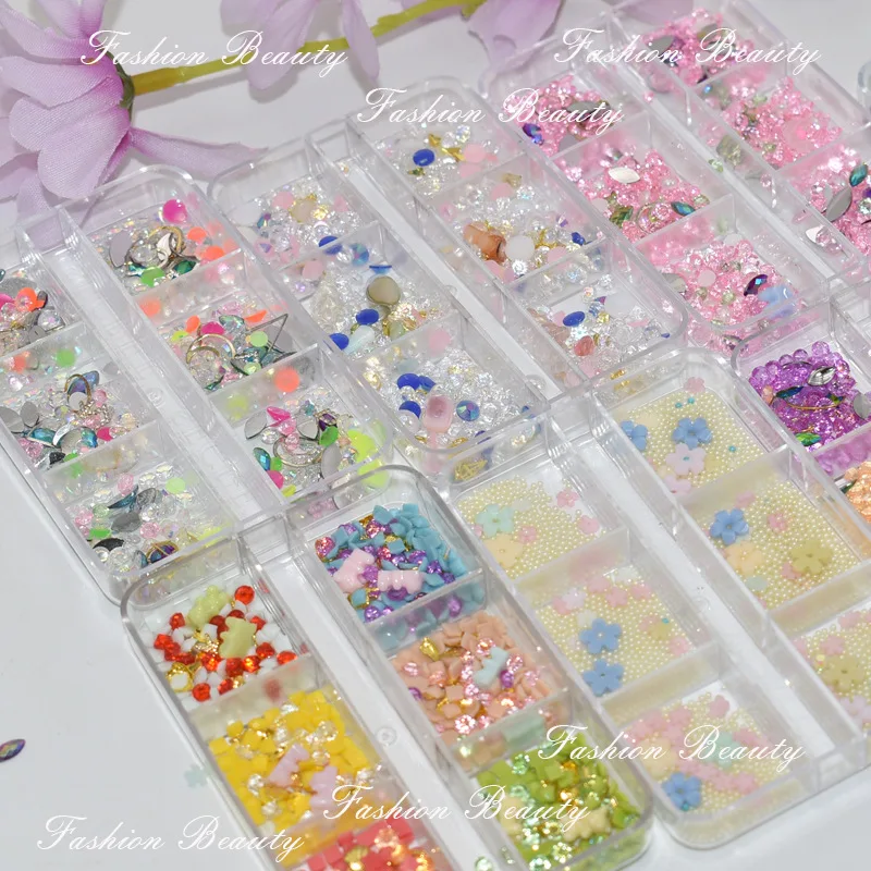12 colors 3D Flower Resin Caviar Nail Art Charms with Rhinestones and Caviar Beads - DIY Nail Art Design for Women Girls Easter