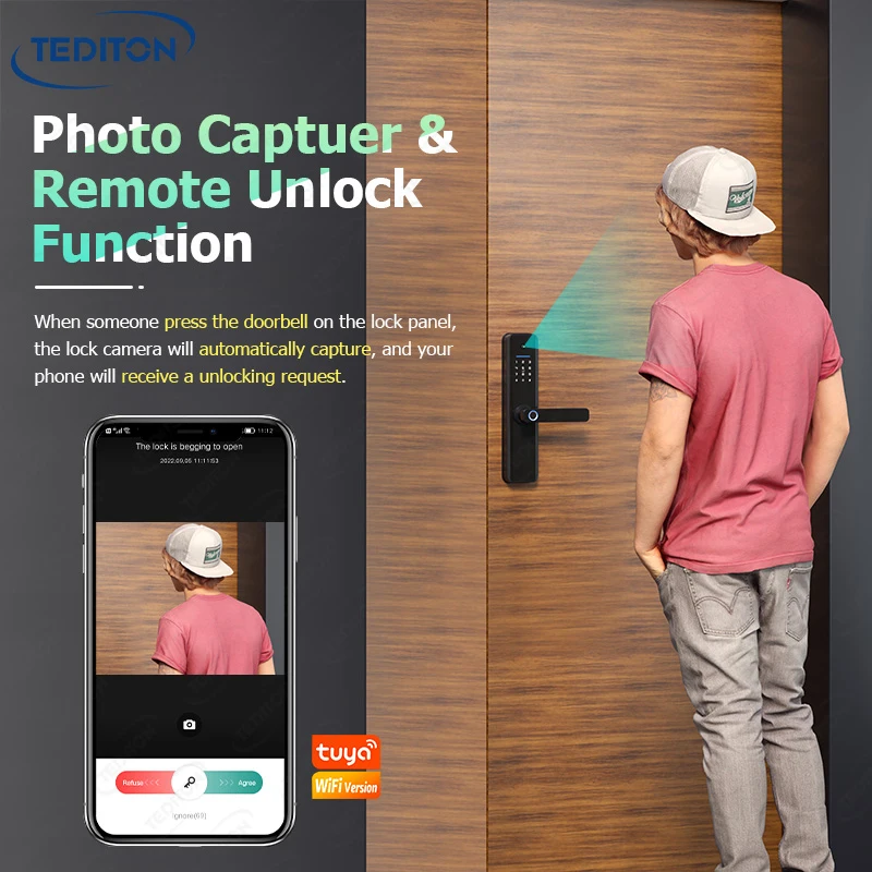 Tediton New Design Tuya Smart Lock Digital Viewer Password Key Cards APP Fingerprint Camera Door Lock
