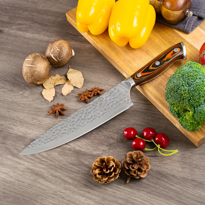 8 inch 5cr15 Stainless Steel Hammer Pattern Kitchen Chef Knife With Ergonomic Pakka Wood Handle