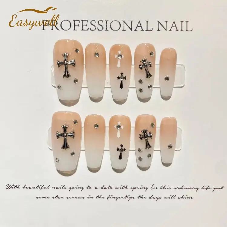 Custom handmade Long French White Stars Shining Gel Nails Diamond Press On Full Cover Acrylic Finger Nail Tips