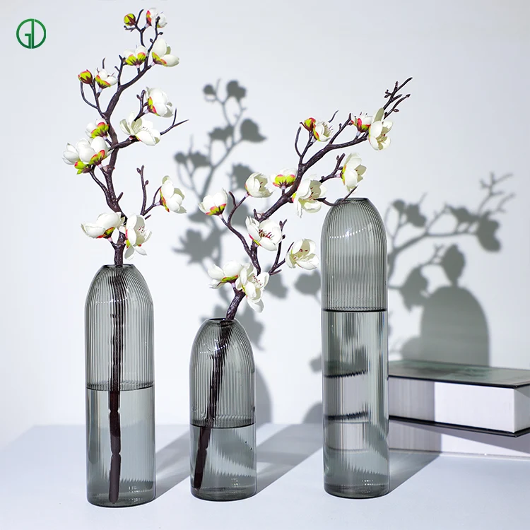 Custom New Nordic Home Style Borosilicate Glass Green Vertical Stripe Cylinder Glass Vase Glass Flower Vase for Home Decor