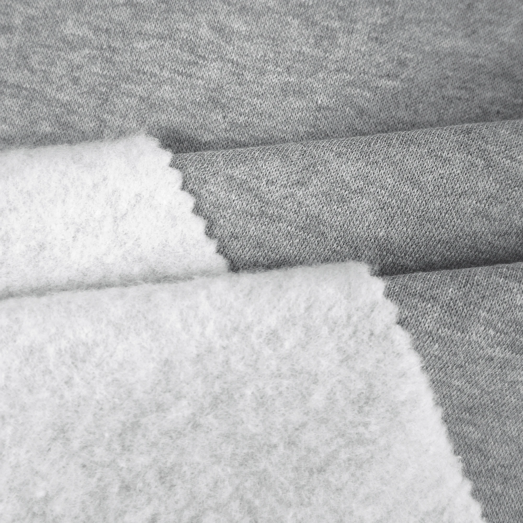 Custom Wholesale 265gsm Hemp Gray Single Side Brushed TC Polyester Cotton Melange French Terry Fleece Fabric For Hoodies