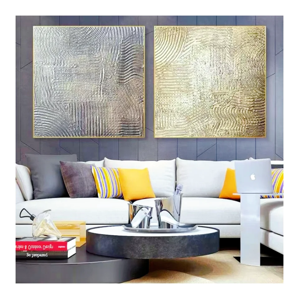 Wall Art Living Room Embellished Hand Metallic Gold Silver Canvas Home Accent Glitter Abstract Bathroom Bedroom Decor Painting