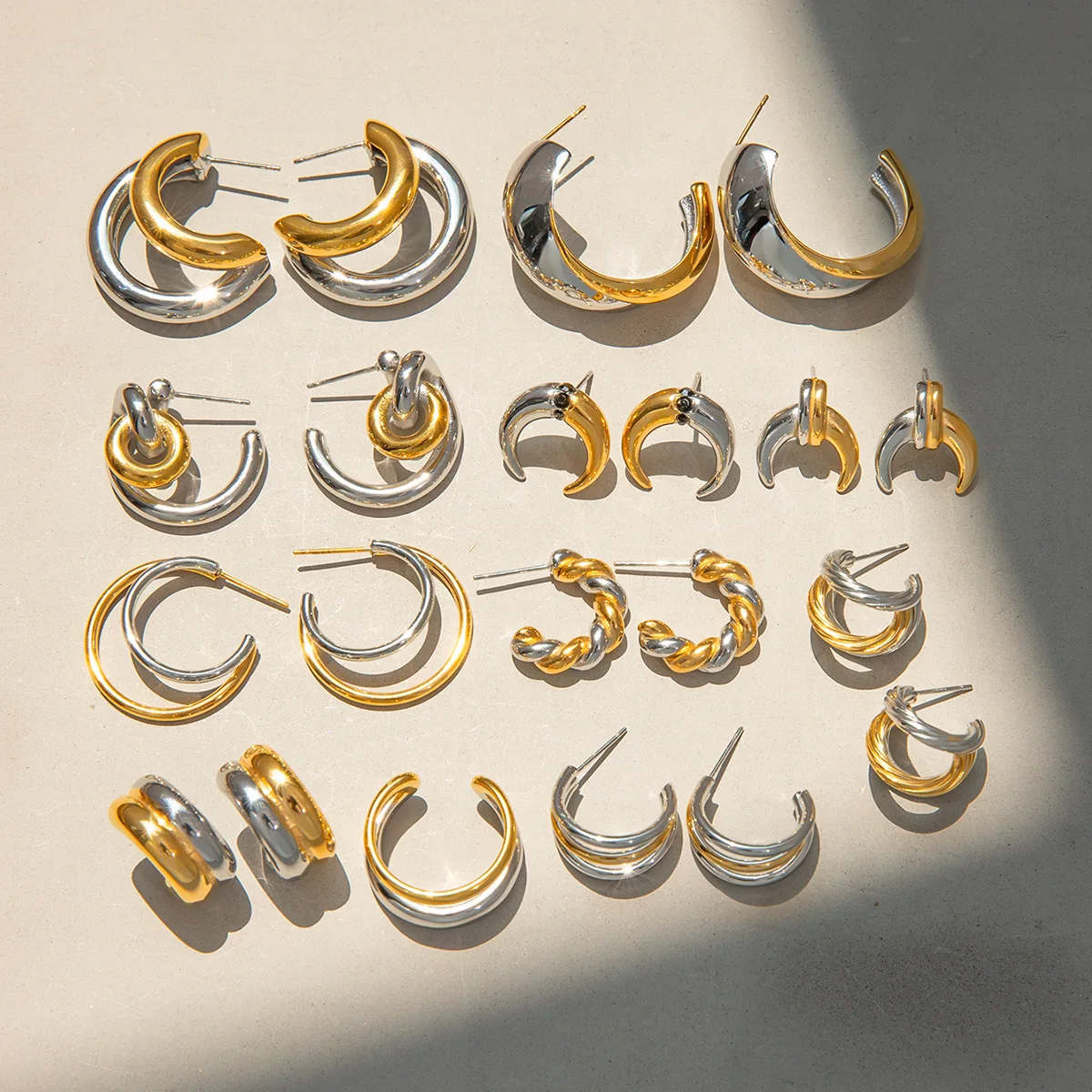 Trendy 316L Stainless Steel Mixed Color CC Geometric Jewelry Tarnish Free Layered C-Shaped Bicolor Twisted Stud Earrings Women