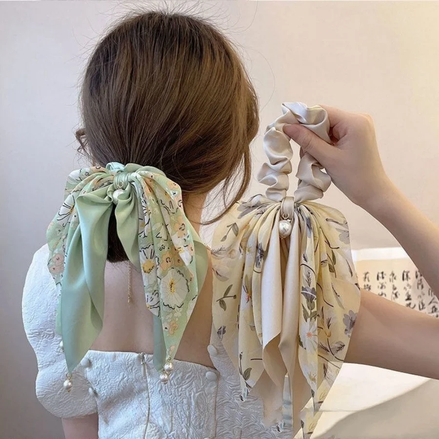 Women Floral streamer Scrunchy Bow scrunchies Headpiece Summer Hair Tie High Ponytail Hair Accessories Wholesale