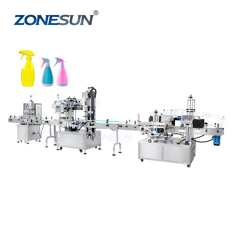 ZONESUN ZS-MPCL1 Full Automatic Trigger Spray Bottle Liquid Filling Capping Double Sided Flat Bottle Labeling Machine