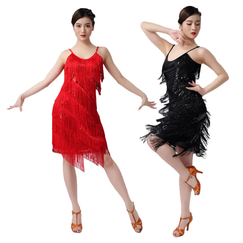 Tassels Dance Dress Sequin Fringed Skirt V-neck Dress Latin Ball Dance Performance Clothes Stage Show Competition Clothes