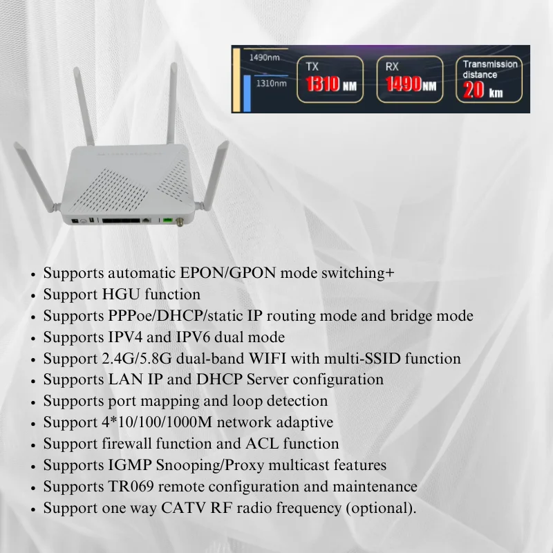 WSR4 Dual Band WIFI 2.4G 5G XPON GPON EPON Fiber Optic router 4GE+CATV+VOIP wseelaser ONT ONU