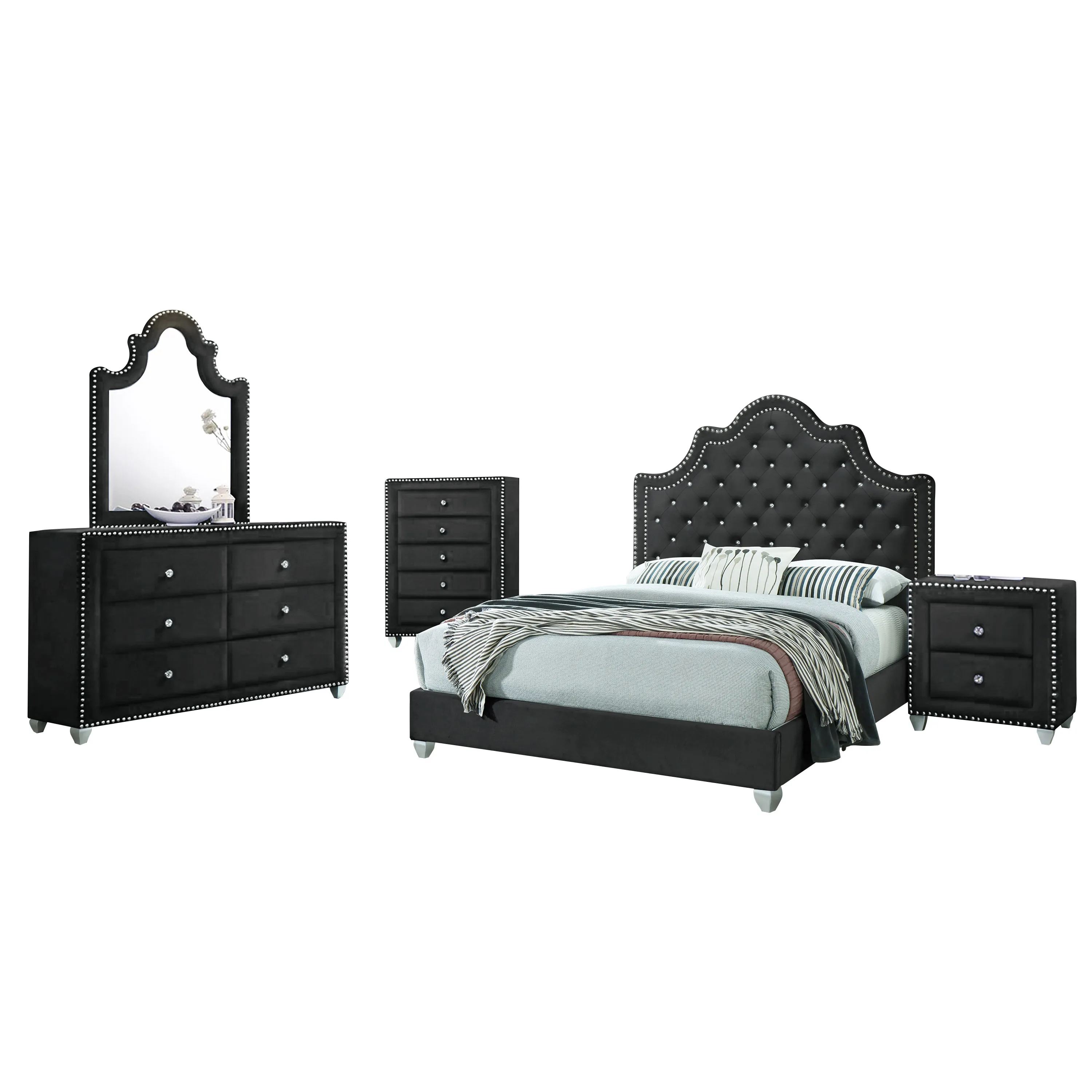 Morgan 5 Pcs Upholstered Bedroom Queen Set Velvet Blue Bed/ Dresser/ Chest Of Drawer/ Night Stand And Mirror With Studding