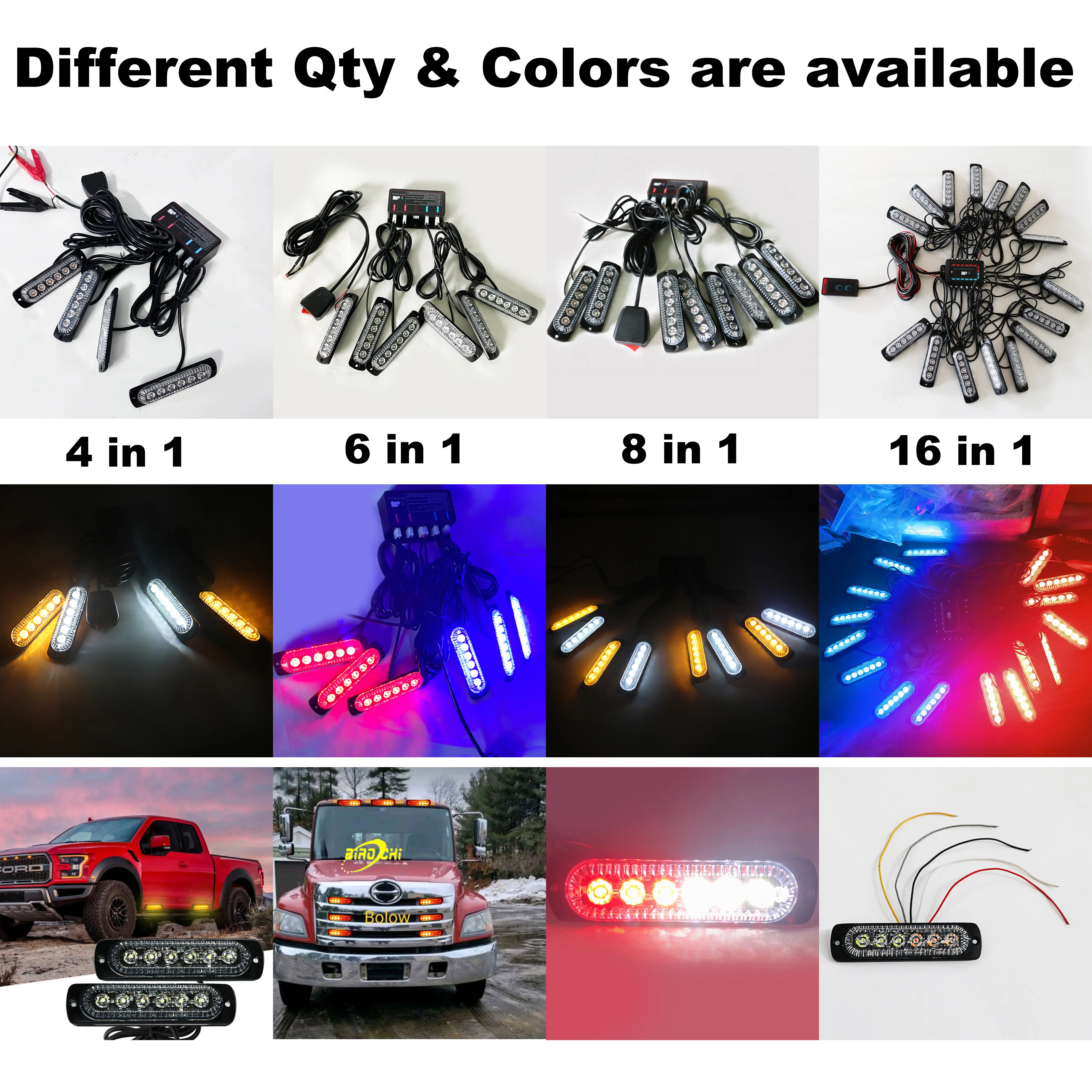 8 In 1 Front Grille Strobe Lights Kit Amber White Auto Used Car Emergency Grill Light Bar 4' 12V Traffic Safety Flashing Lights