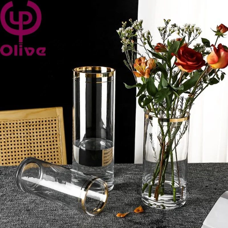 Smart reusable Eco-friendly water nourishing decorative cylindrical thickened grinding hand gold rimmed straight glass vase