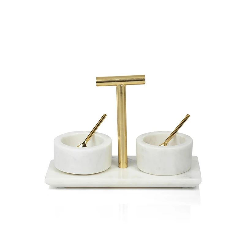 Delicate Set of 2 pcs Sauce Bowls on White Marble Stand Salt And Pepper Tray Set with Holder Dessert Cake Stand