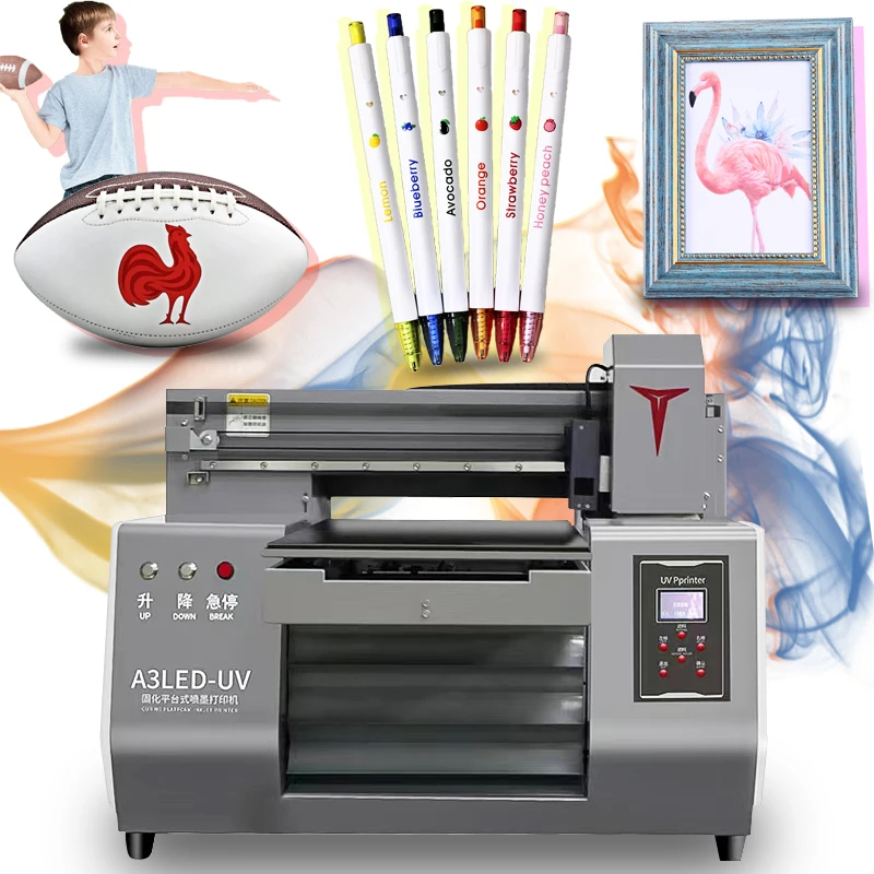 Multi functional A3 UV printer portable 3050 UV flatbed printer printing rugby balls, pens, hanging paintings, UV inkjet printer