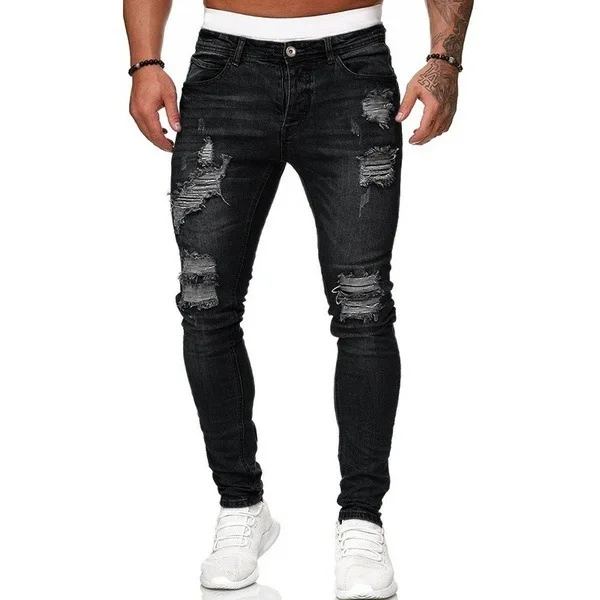Custom Denim Casual Soft Men Classic Stylish Jeans For Men High Waist Skinny Jeans Ripped Hole Trousers Jeans