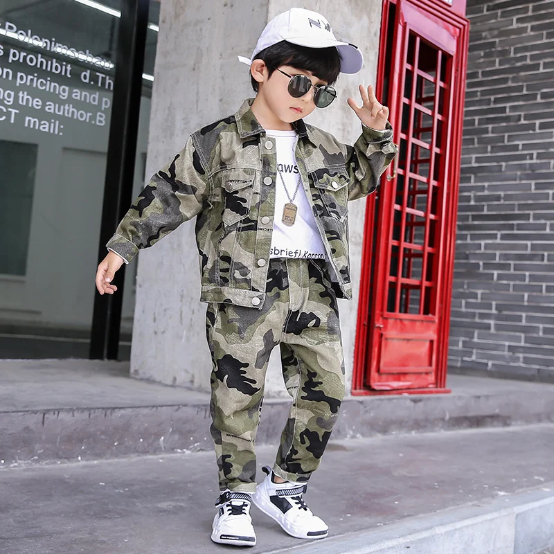 DRXBNZ2007B410 осеннее Новое поступление джинсовая одежда для мальчиков комплект камуфляжной детской одежды в стиле хип-хоп детские куртки и джинсы