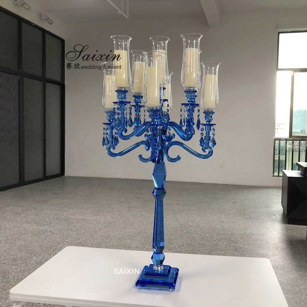 ZT-101B 9 arms blue colors crystal glass candelabra wedding table decoration