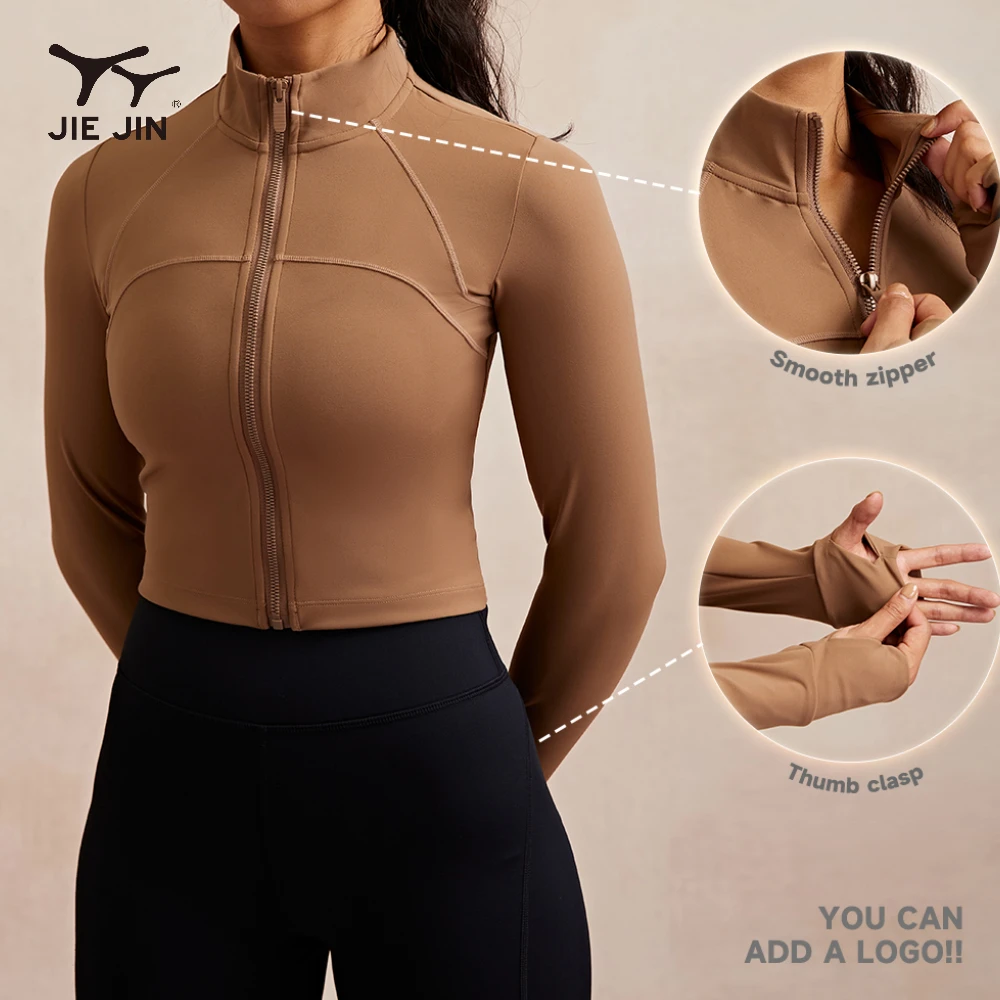 JIEJIN Fashionable Women Sports Gym Tight Athletic Windbreaker Cropped Long Sleeve Zipper Yoga Jacket With Finger Hole