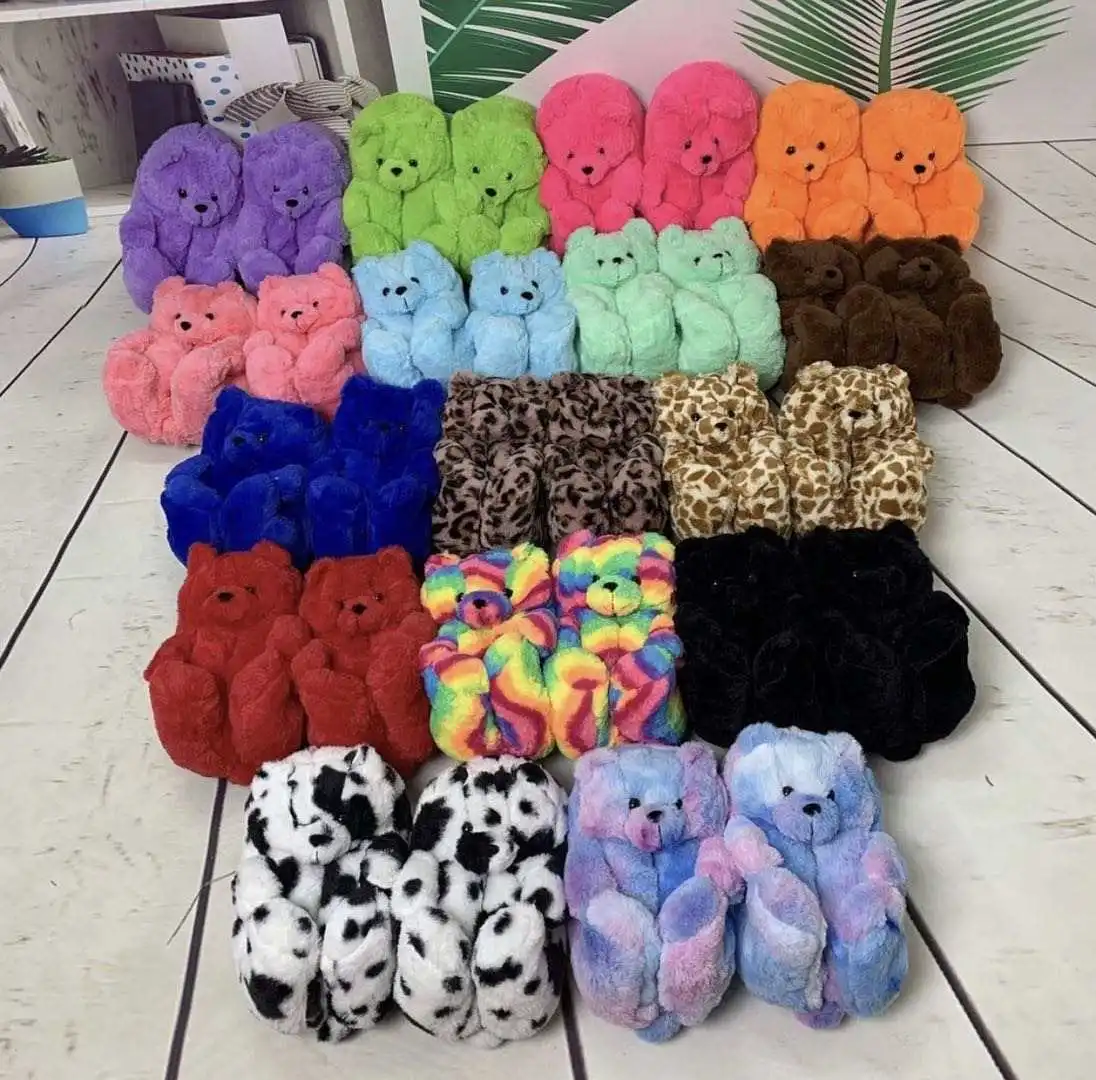 3D teddy bear slippers wholesale cute animal teddy bear house shoes girls lovely plush slippers